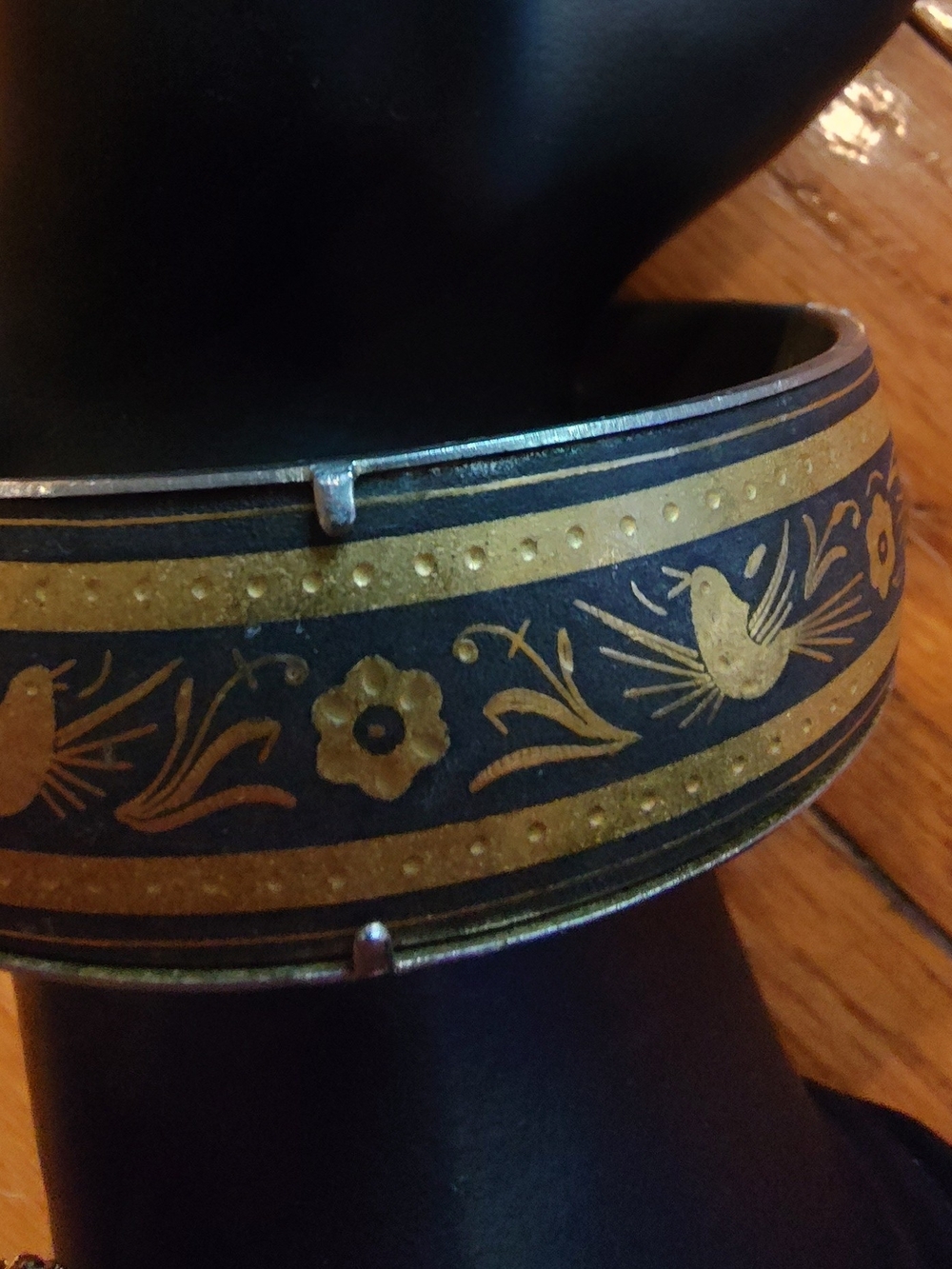 Damascene Etched Brass Gold and Black Bird Motif Hinged Cuff